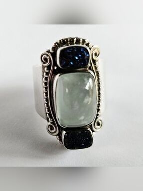 Sajen Sterling Silver 925 Druzy Chalcedony Statement Ring Wide Band Boho